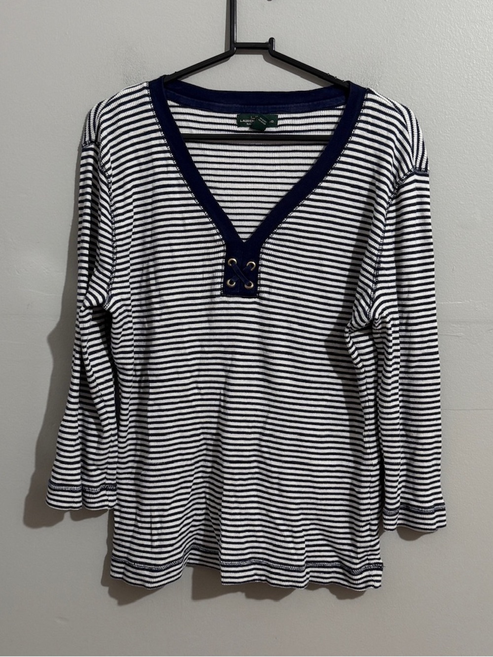 Lauren Ralph Lauren XL Navy White Striped Lace Up V Neck 3/4 Sleeve Top